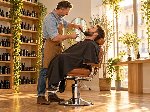 Barbero arreglando la barba de un cliente